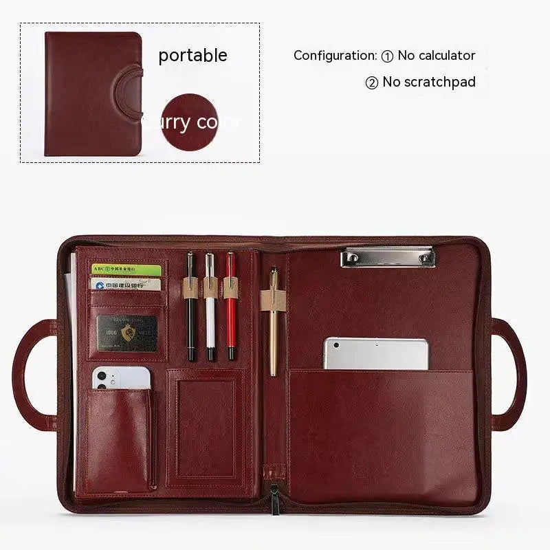 A4 Portfolio Folder Padfolio Women Business Briefcase Folding Handle Leather Zipper Notebook Calculator File Documents Organizer