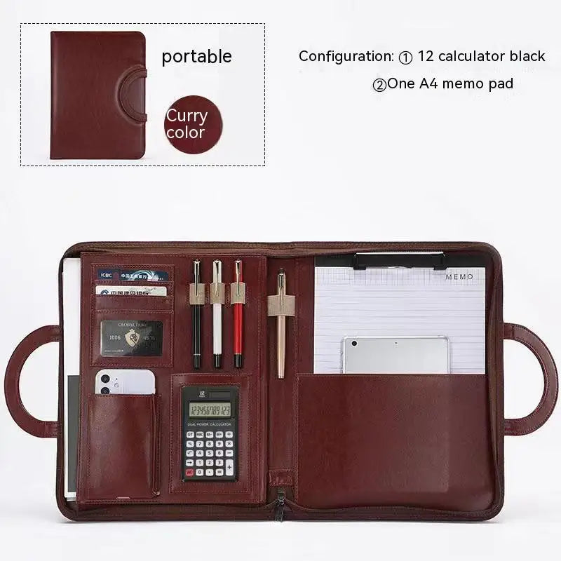 A4 Portfolio Folder Padfolio Women Business Briefcase Folding Handle Leather Zipper Notebook Calculator File Documents Organizer