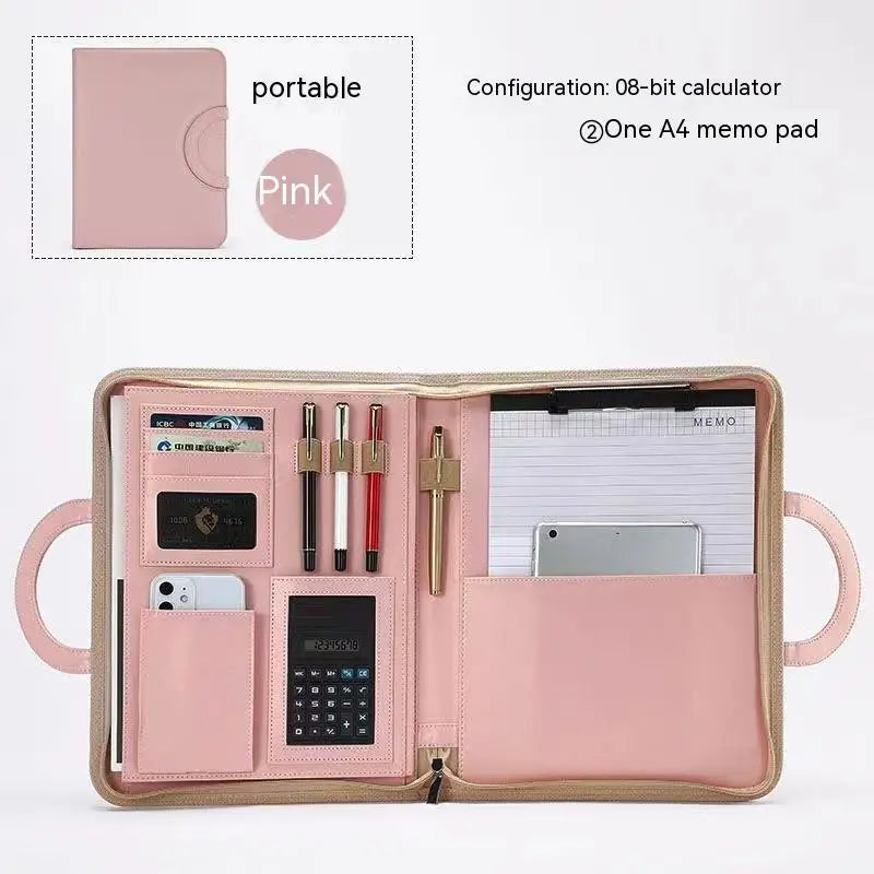 A4 Portfolio Folder Padfolio Women Business Briefcase Folding Handle Leather Zipper Notebook Calculator File Documents Organizer