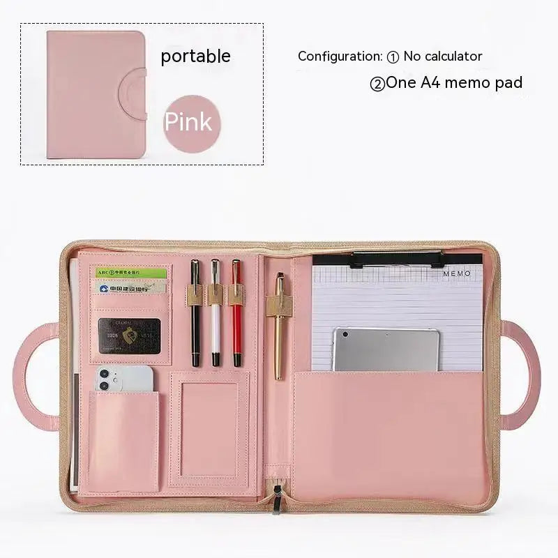 A4 Portfolio Folder Padfolio Women Business Briefcase Folding Handle Leather Zipper Notebook Calculator File Documents Organizer