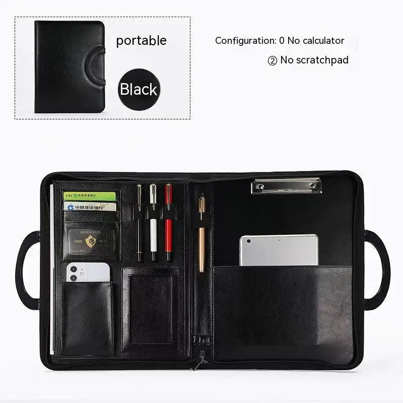 A4 Portfolio Folder Padfolio Women Business Briefcase Folding Handle Leather Zipper Notebook Calculator File Documents Organizer