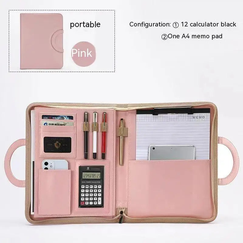 A4 Portfolio Folder Padfolio Women Business Briefcase Folding Handle Leather Zipper Notebook Calculator File Documents Organizer