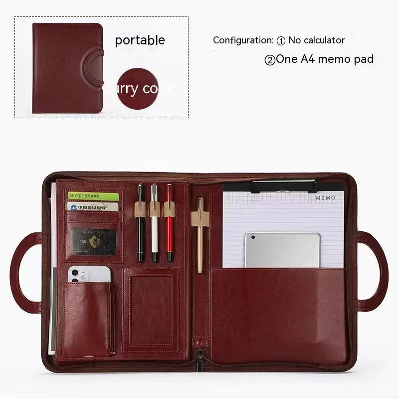 A4 Portfolio Folder Padfolio Women Business Briefcase Folding Handle Leather Zipper Notebook Calculator File Documents Organizer