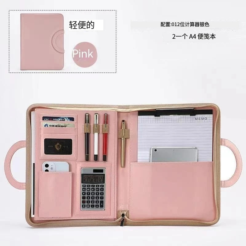 A4 Portfolio Folder Padfolio Women Business Briefcase Folding Handle Leather Zipper Notebook Calculator File Documents Organizer