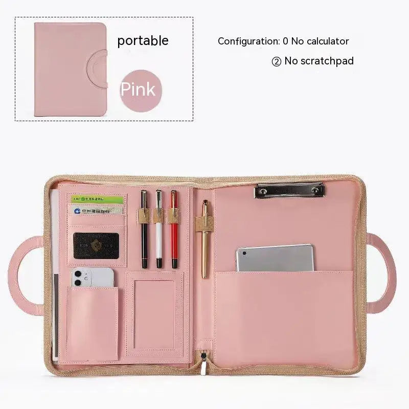 A4 Portfolio Folder Padfolio Women Business Briefcase Folding Handle Leather Zipper Notebook Calculator File Documents Organizer