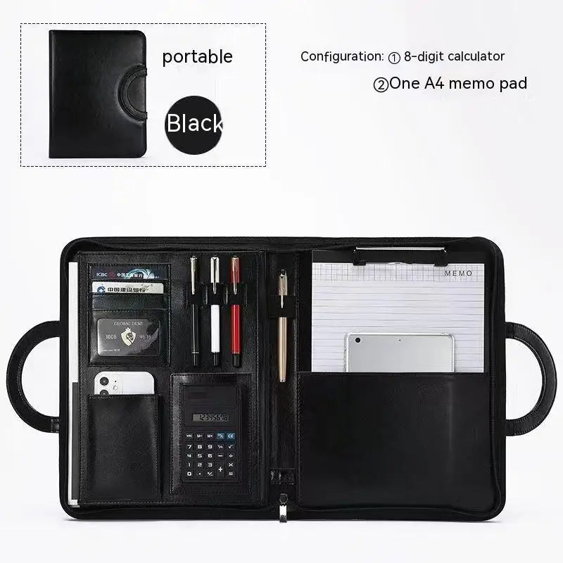 A4 Portfolio Folder Padfolio Women Business Briefcase Folding Handle Leather Zipper Notebook Calculator File Documents Organizer