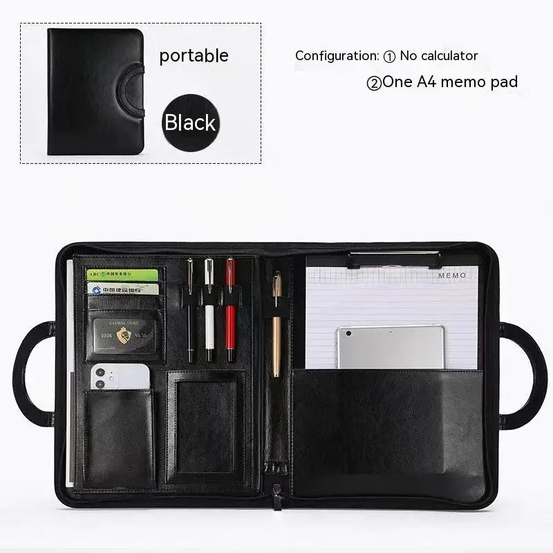 A4 Portfolio Folder Padfolio Women Business Briefcase Folding Handle Leather Zipper Notebook Calculator File Documents Organizer