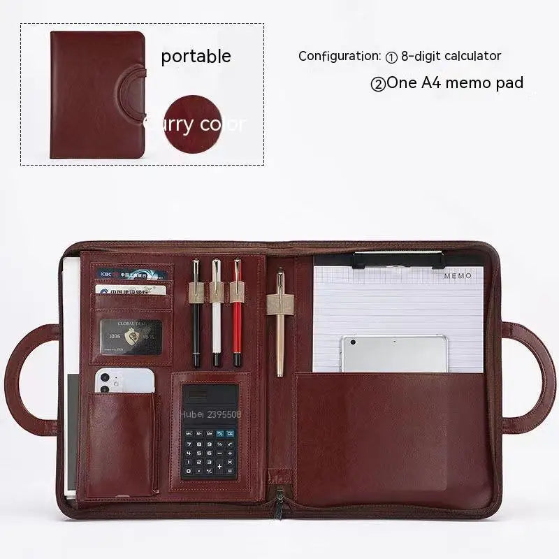 A4 Portfolio Folder Padfolio Women Business Briefcase Folding Handle Leather Zipper Notebook Calculator File Documents Organizer