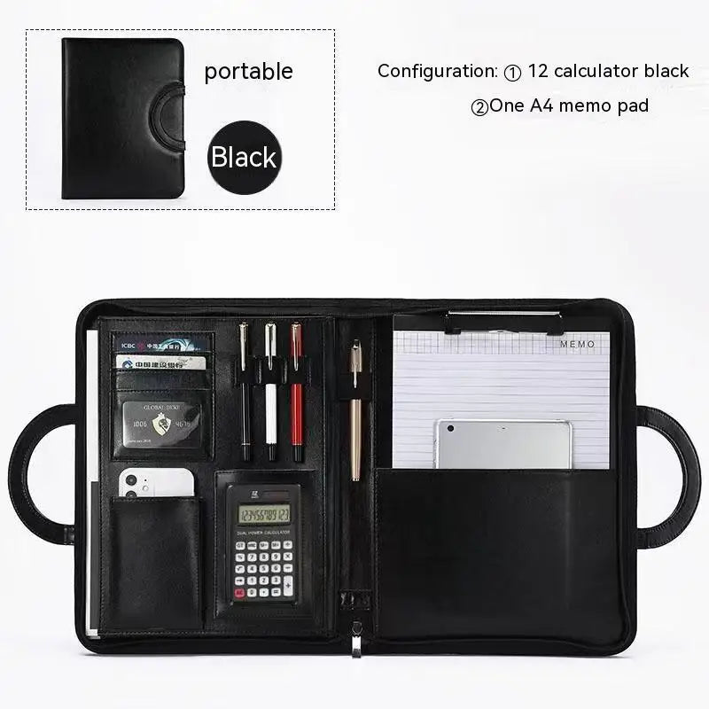 A4 Portfolio Folder Padfolio Women Business Briefcase Folding Handle Leather Zipper Notebook Calculator File Documents Organizer