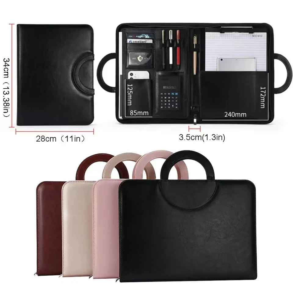 A4 Portfolio Folder Padfolio Women Business Briefcase Folding Handle Leather Zipper Notebook Calculator File Documents Organizer